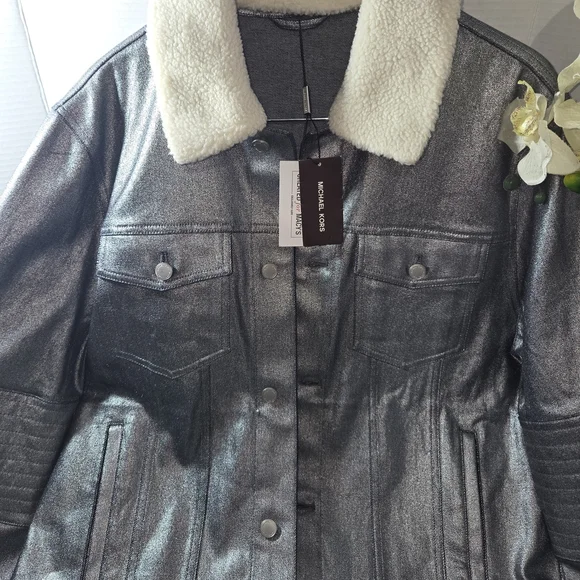 Michael Kors Metallic Gray JacketWhite Sherpa Removable Collar.Size L